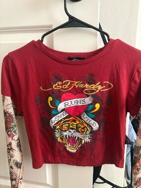 Ed Hardy Women's Red Graphic Tee - 'Love Runs Wild'